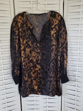 Lafayette 148 Leopard Print Silk Long Sleeve V-Neck Blouse - Black & Brown
